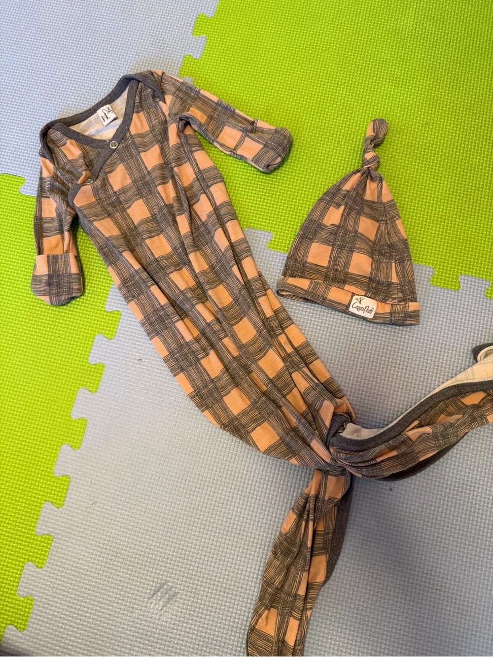 Peach Plaid Knot Gown and Hat Set - Kids One Piece